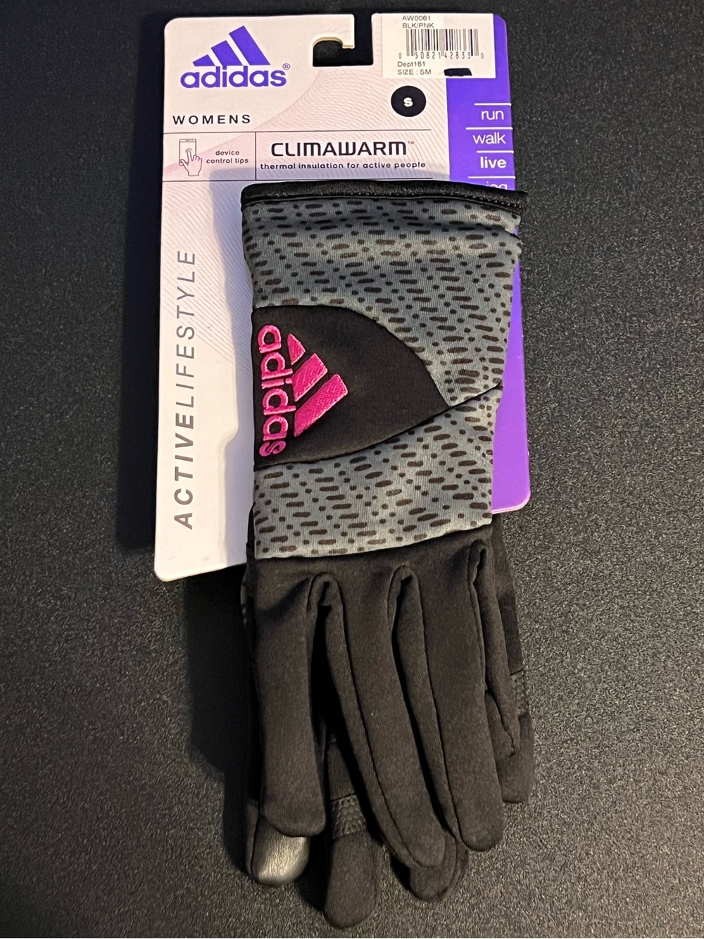 NWT Adidas Black & Gray Womens Climawarm Gloves with Pink Logo